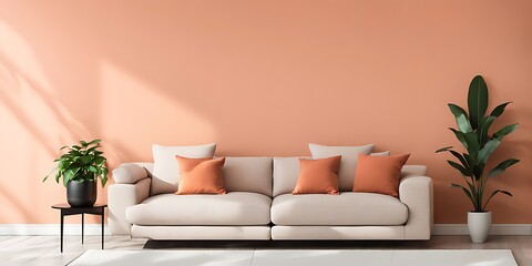  Livingroom with accent bright peach fuzz 2024 sofa and pale orange coral wall. Large sofa with cushions in velor fabric. Lounge area in the home. Mockup luxury design room and furniture. 3d render 