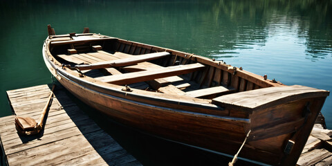 A close-up shot of a boat, with the details and texture visible, sitting on a table next to a lake, a boat building tablet, and a set of oars.