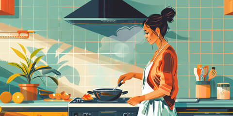 A woman cooking in the kitchen: A picture of a woman cooking in the kitchen, happily and enthusiastically.