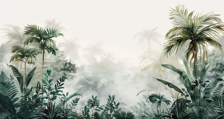 A white background with a row of palm trees and plants in the jungle, painted in the style of Anna shirley hunkin. The colors are light green, soft gray and warm yellow. There is some mist around the 