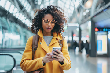 Businesswoman on smartphone at airport gate, staying connected on the go