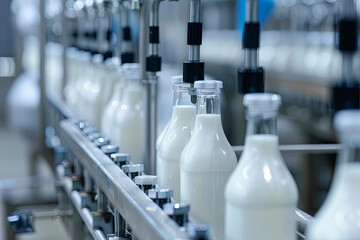 Robotic factory line processing and bottling milk, showcasing automation