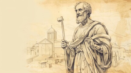 St. Jude Thaddeus Holding Club in 1st-Century Church, Biblical Illustration, Beige Background, Copyspace