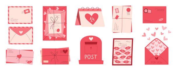 Cute love mail and envelope set concept, trendy style craft post card with lips and kisses, cartoon romantic postcard and letters design with heart and stamps, flat handmade romantic mailbox.
