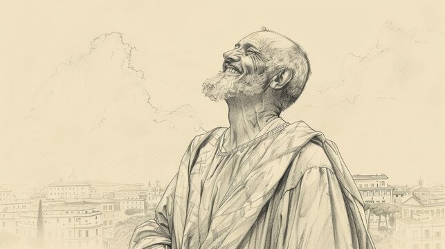 In Moment of Joy, St. Philip Neri with Background of Rome, Biblical Illustration, Beige Background, Copyspace