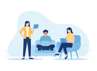 employees sitting and standing at computer desks in office. cartoon men and women in ergonomic work concept flat illustration