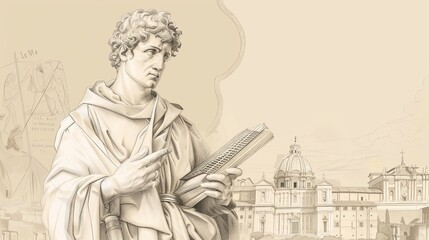 Holding Gridiron and Book of St. Lawrence in Ancient Rome, Biblical Illustration, Beige Background, Copyspace