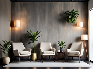  Livingroom in dark gray and taupe colors. Mockup microcement texture wall interior. Design office. Beige ivory accents, decor shelves and lamp. Modern reception lounge with rich chairs. 3d render 