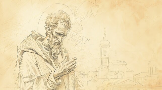 Martyrdom of St. Josaphat in 17th-Century Church, Biblical Illustration, Beige Background, Copyspace