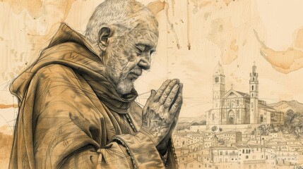 Fototapeta premium St. John of the Cross in Spanish Countryside, Mystical Poetry, Biblical Illustration, Beige Background, Copyspace