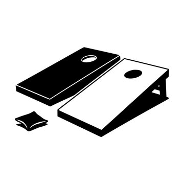 Cornhole Game Vector Illustration, Minimalist black and white vector illustration of a cornhole game setup with boards and bean bags.