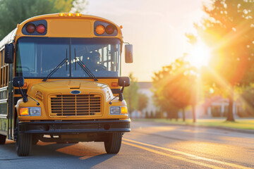 Obraz premium School bus in the morning light on street background. Back to school concept.
