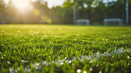 Green grass of a football field, background dissolved in bright daylight