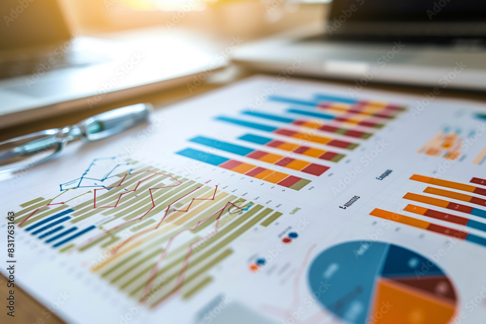 Poster a pen is on top of a stack of graphs. the graphs are colorful and show different data points. the pe