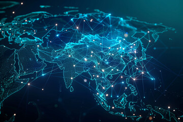 Image of A blue and white map of the world with many dots on it. The dots represent cities and other points of interest. The map is very detailed and shows the connections between different places printed on Printed Glass Splashbacks