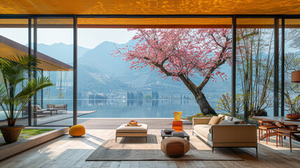 Natural yellow shade living room of a house resort by lake cherry blossom