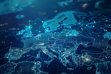 A blue and white map of the world with many dots on it. The dots represent cities and other points of interest. The map is very detailed and shows the connections between different places