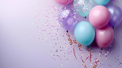 Carnival Atmosphere Fills Corner of Minimalist Pastel Lilac Background with Balloons Streamers and