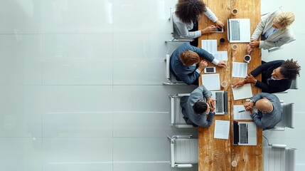 A professional business meeting setting with people in formal attire, laptops, and documents on a white background, with the right side clear for text. top view. Generative AI.