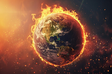 A planet is on fire and surrounded by flames. The planet is the center of the image and the flames are surrounding it