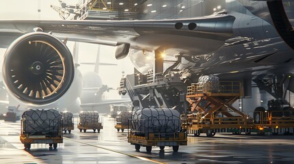 Obraz premium Cargo plane being unloaded, with freight on trolleys, realistic render