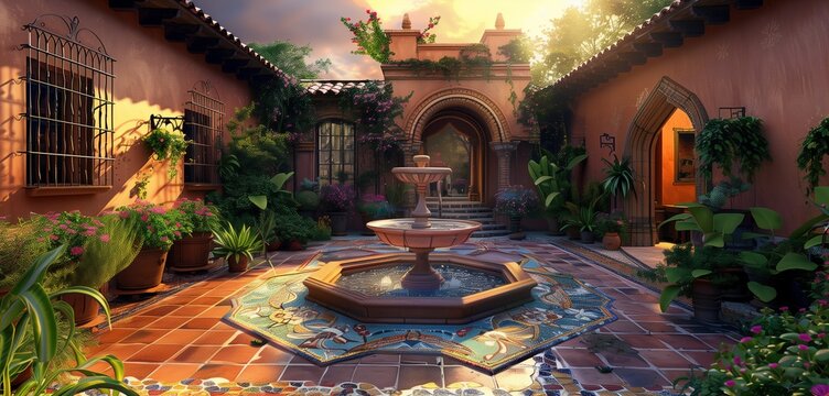 Mediterranean courtyard with terracotta tiles, vibrant mosaic accents, and lush greenery surrounding a tranquil fountain under the sunset glow.