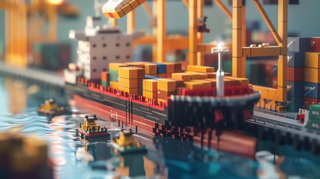 Cargo ship being loaded with containers, at a dock, realistic and lifelike