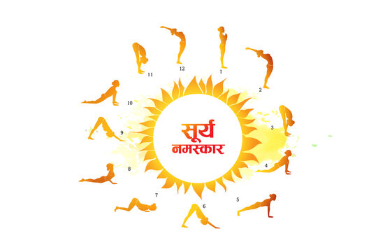 Yoga day. Sun Salutation, Yoga of surya namaskar. Indian Surya Namaskar 12 steps yoga. Women practicing body stretch, fitness exercises, workout, holistic wellness, relaxation and recreation.
