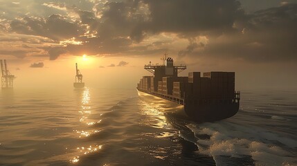 Cargo ship with containers, sailing towards a port, realistic and lifelike