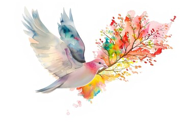 Abstract watercolor illustration of flying bird with beautiful landscape inside, white background, clip art for stickers, concept for peace or love symbol