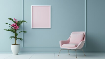Frame mockup, light pink chair and blue wall background, modern home living room interior