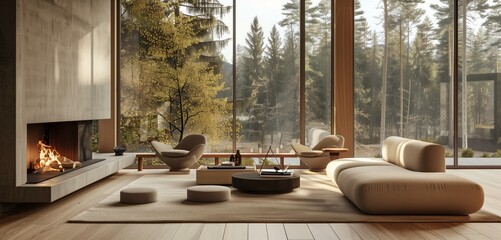 Fototapeta premium Modern Scandinavian living room with minimalist furniture, a cozy fireplace, and large windows showcasing a serene forest view.