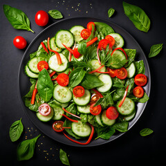 Healthy salad with cucumber, tomato, onion and sesame seeds on a black background