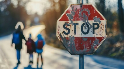 A stop sign on a school zone road