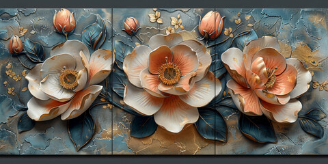 panel wall art, wall decoration, marble background with flowers designs
