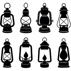 Vintage camping lantern flat, lamp icon vector silhouette