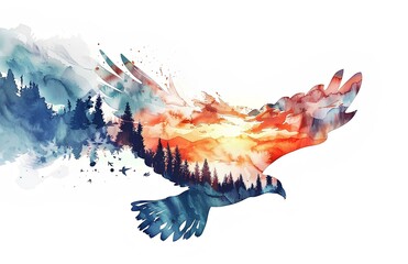 Abstract watercolor illustration of flying bird with beautiful landscape inside, white background, clip art for stickers, concept for peace or love symbol