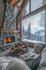 Rustic mountain cabin living room with stone fireplace, warm wooden beams, and panoramic windows displaying a snow-covered forest.