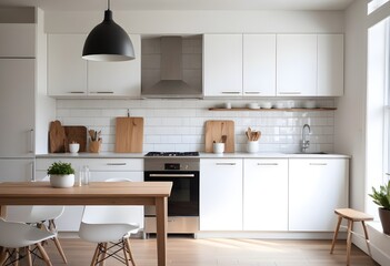Modern new light interior of kitchen with white furniture and dining table. 3D Rendering