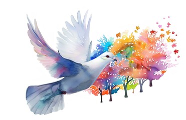 Abstract watercolor illustration of flying bird with beautiful landscape inside, white background, clip art for stickers, concept for peace or love symbol