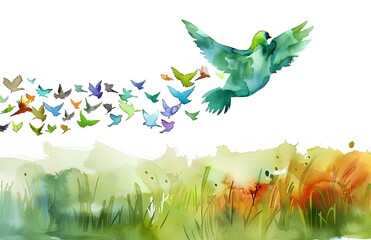 Abstract watercolor illustration of flying bird with beautiful landscape inside, white background, clip art for stickers, concept for peace or love symbol