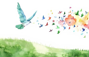 Abstract watercolor illustration of flying bird with beautiful landscape inside, white background, clip art for stickers, concept for peace or love symbol