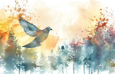 Abstract watercolor illustration of flying bird with beautiful landscape inside, white background, clip art for stickers, concept for peace or love symbol