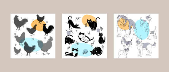 Farm, pet animals hand drawing hand drawn poster wall art vector illustration. Cat, dog, chicken line art doodle collection.