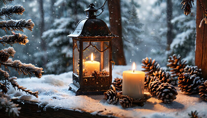 Naklejka premium Lumières de Noël dans la neige
