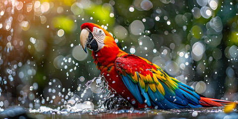 A colorful parrot, possibly a red macaw, sits on a perch in front of a green bokeh background. It appears to be splashing water on itself.