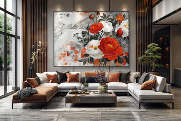 panel wall art, wall decoration, marble background with flowers designs