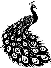 Fototapeta premium Elegant Peacock Vector Illustration, Stylized black and white vector illustration of an elegant peacock with detailed plumage in a graceful pose.