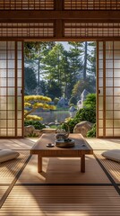 Naklejka premium Traditional Japanese tatami room with shoji doors, natural wood accents, and a low table set against a zen garden backdrop.