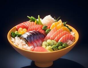 A bowl of sashimi with various types of fish, rice, and vegetables. Cartoon Style